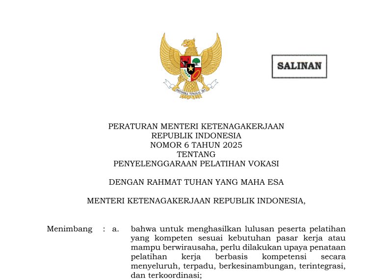 PERATURAN MENTERI KETENAGAKERJAAN REPUBLIK INDONESIA NOMOR 6 TAHUN 2025